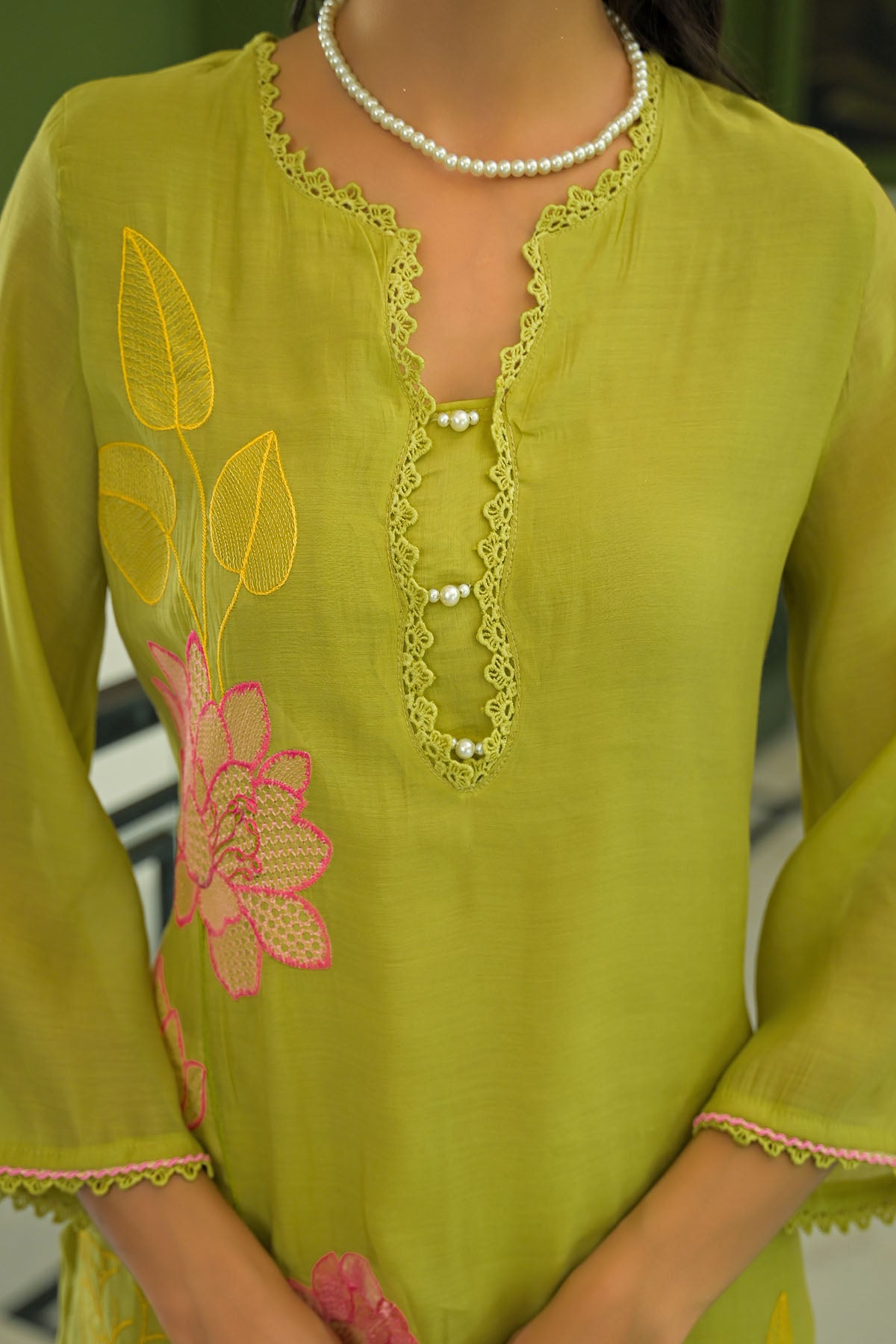 Green Chanderi Embroidered Pakistani Suit