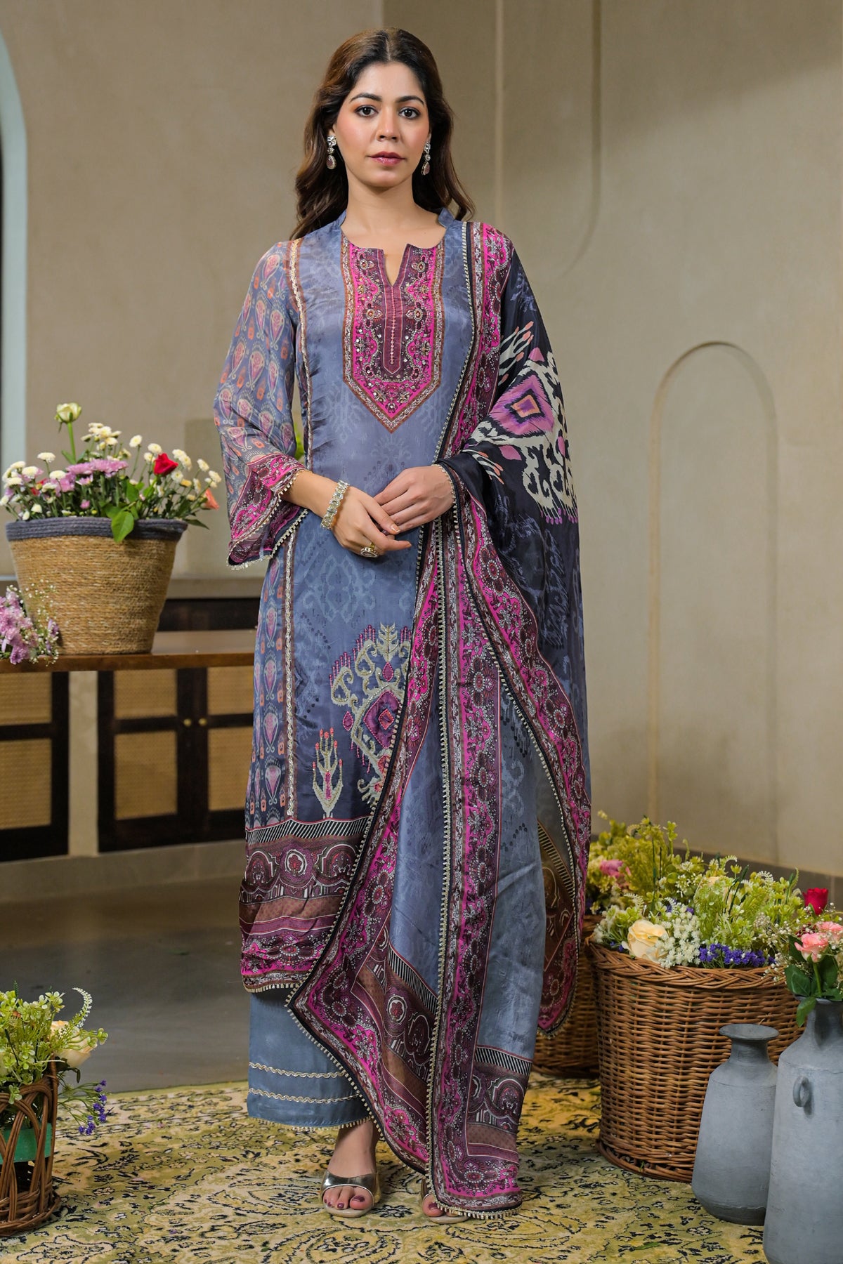 Blue Crepe Silk Embroidered Kurta Set With Dupatta