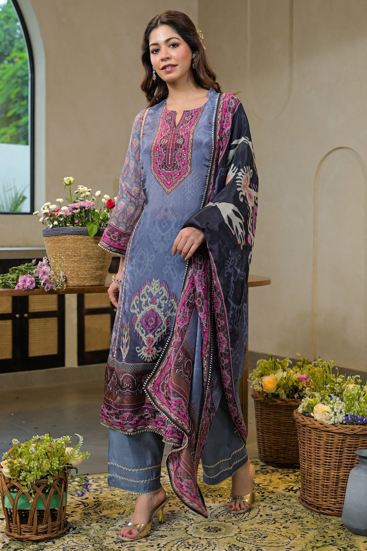 Blue Crepe Silk Embroidered Kurta Set With Dupatta