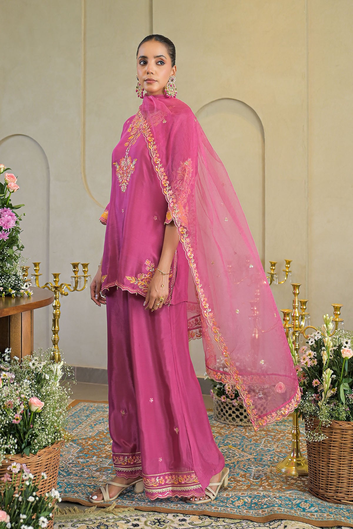 Pink Chinon Embroidered Suit Set