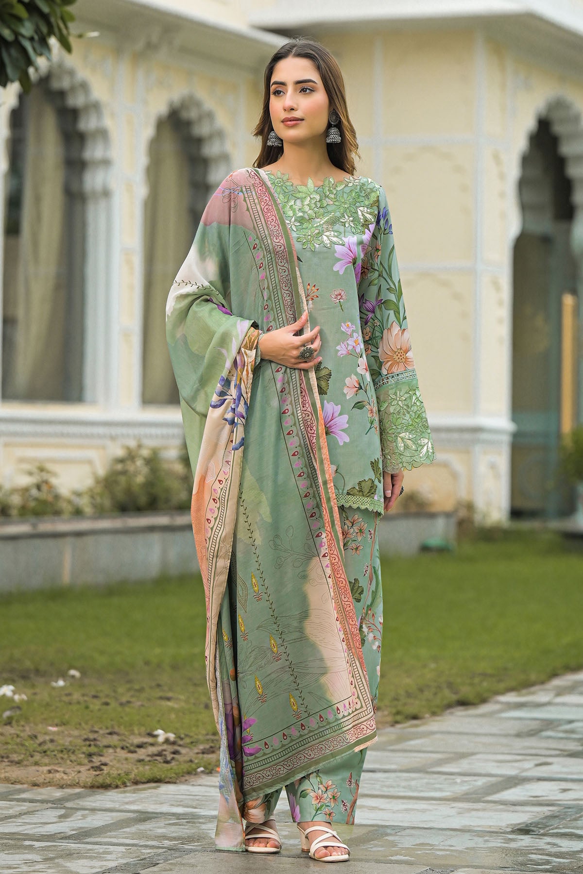 Green Solid Cotton Embroidered Farsi Salwar Set