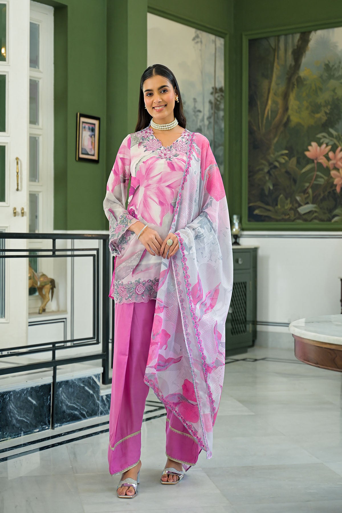 Pink Chinon Embroidered Farsi Salwar Set