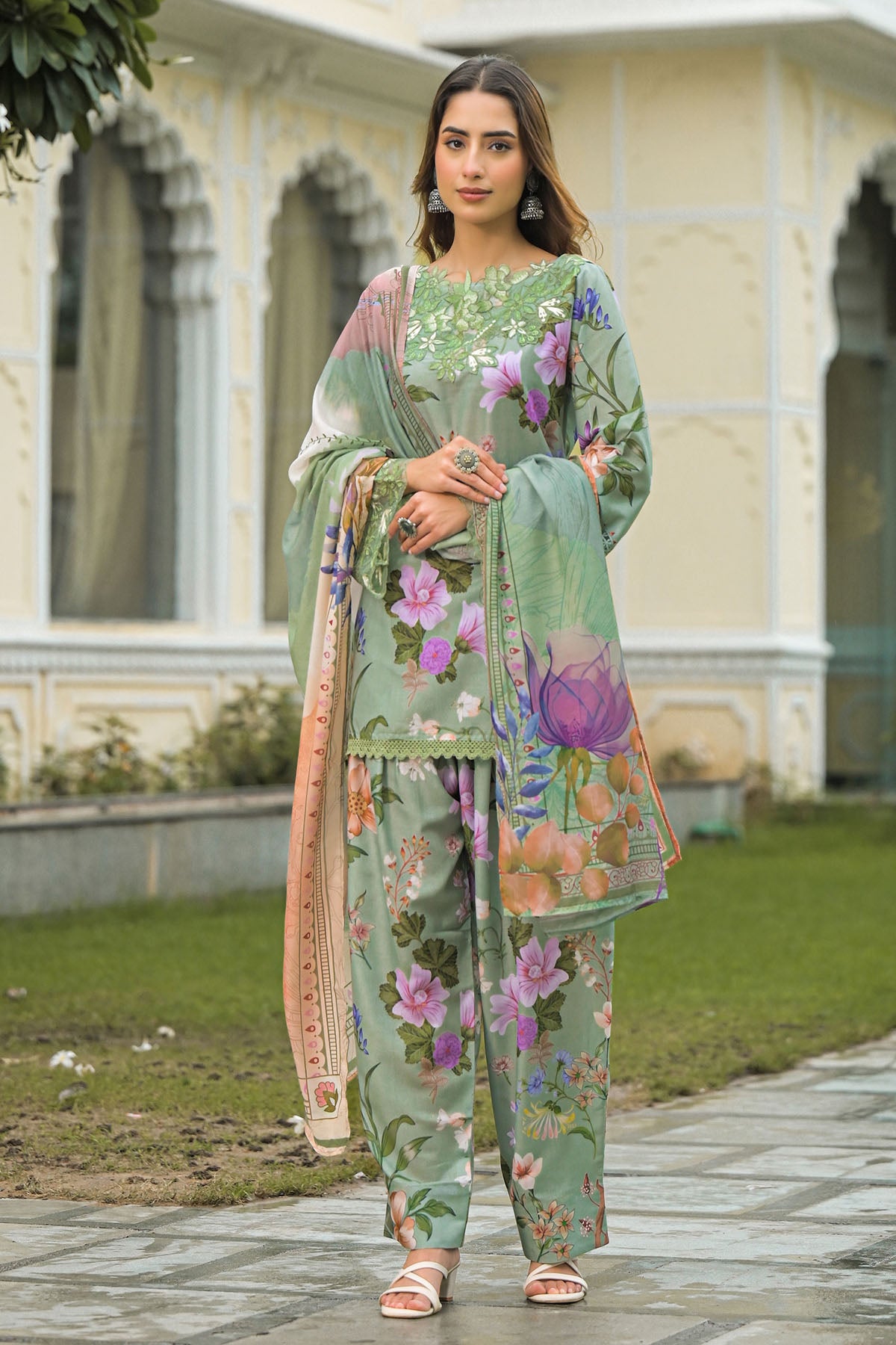 Green Solid Cotton Embroidered Farsi Salwar Set