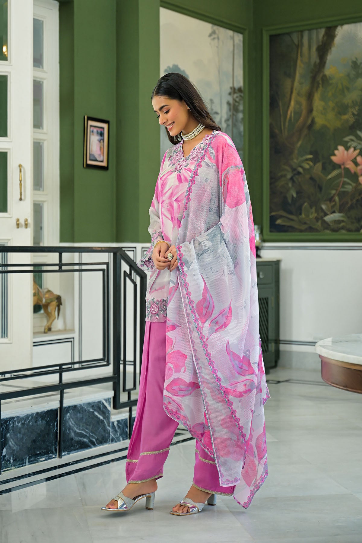 Pink Chinon Embroidered Farsi Salwar Set