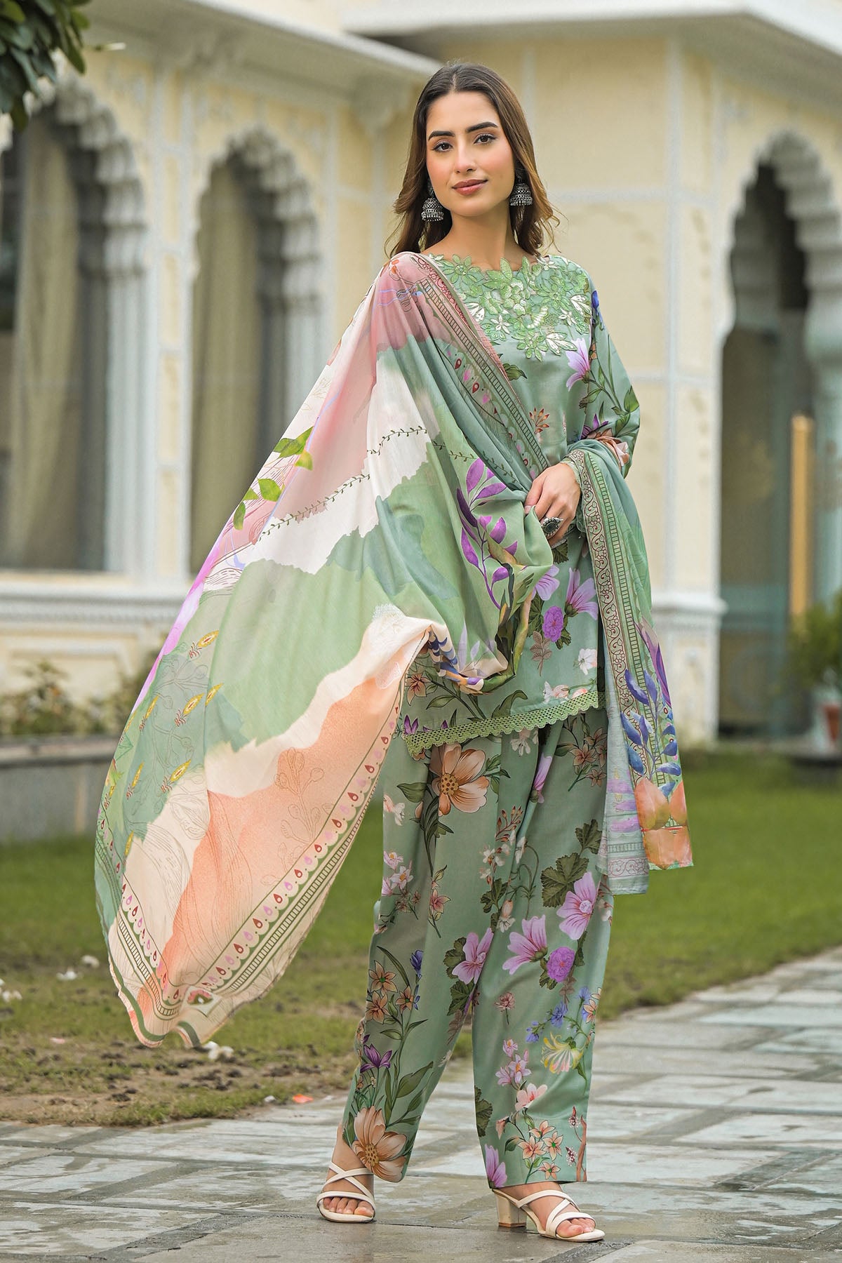 Green Solid Cotton Embroidered Farsi Salwar Set