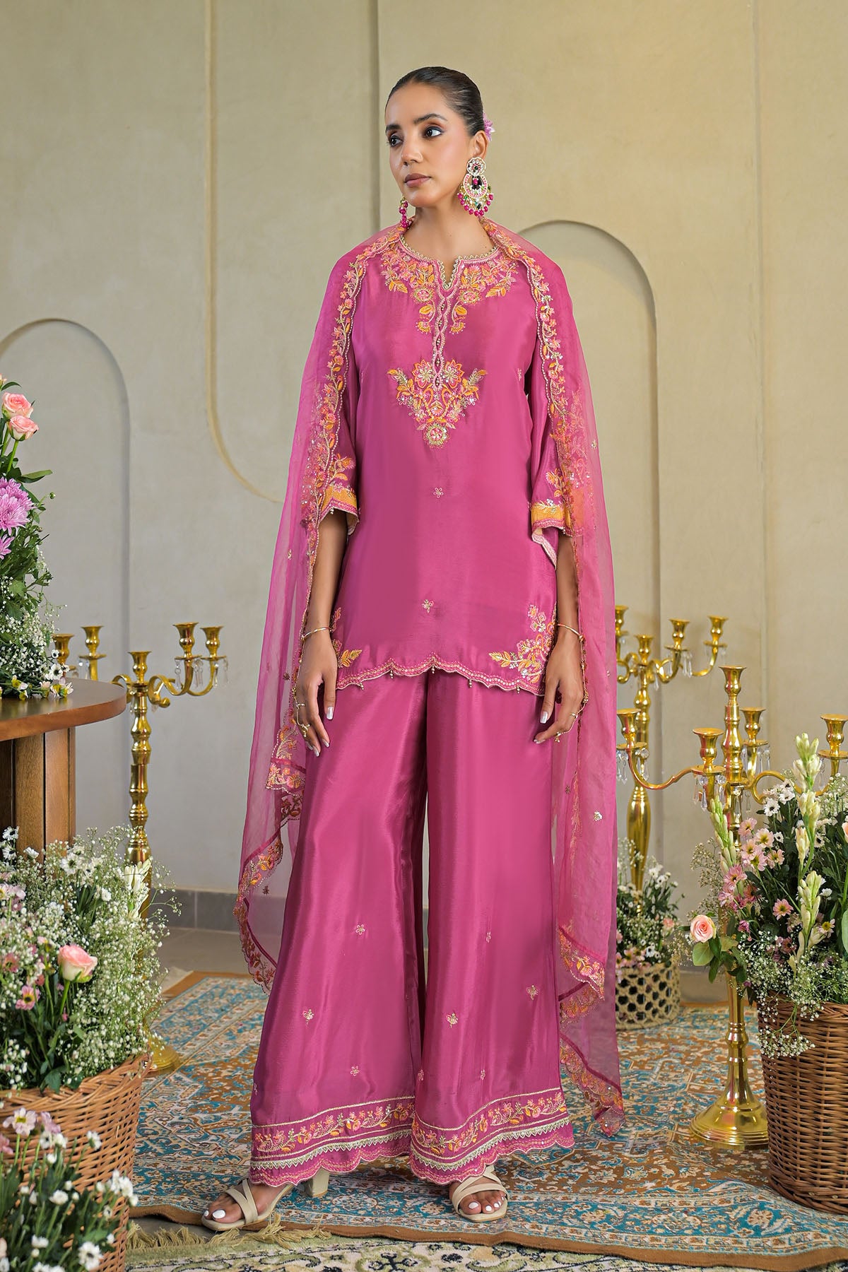 Pink Chinon Embroidered Suit Set