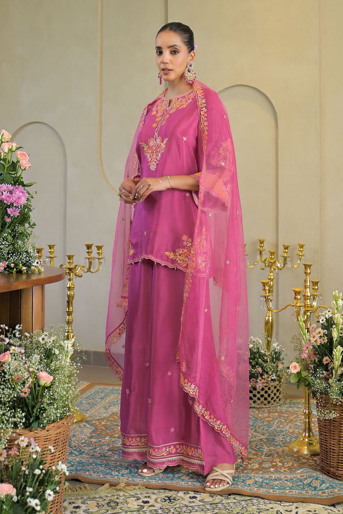 Pink Chinon Embroidered Suit Set