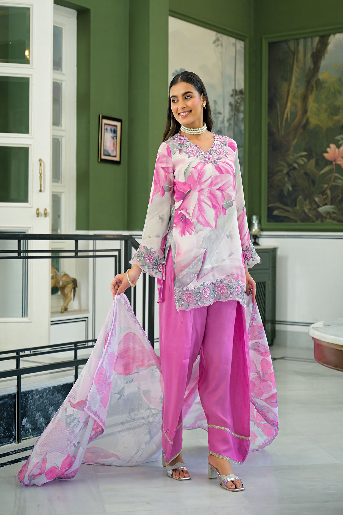 Pink Chinon Embroidered Farsi Salwar Set