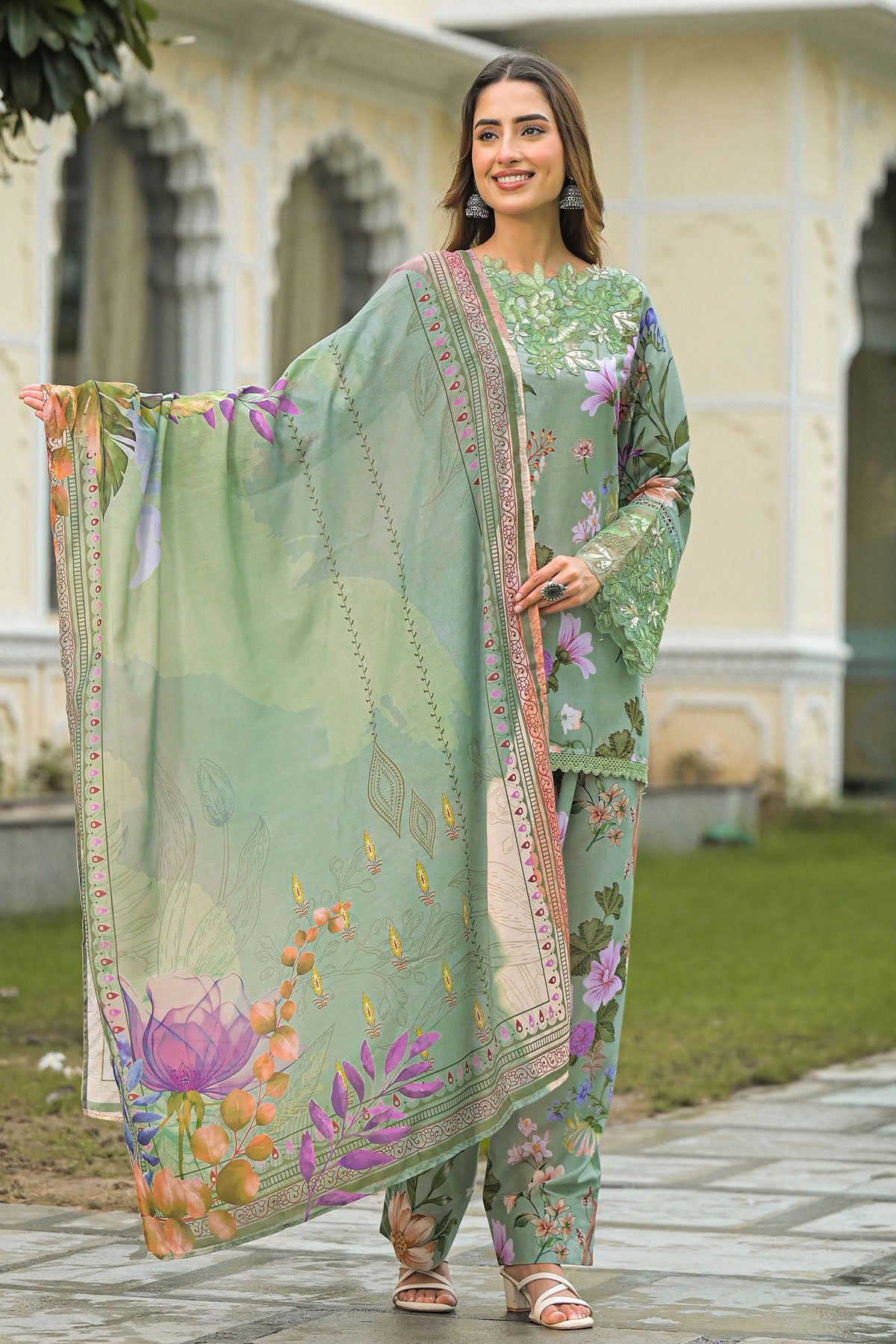 Green Solid Cotton Embroidered Farsi Salwar Set