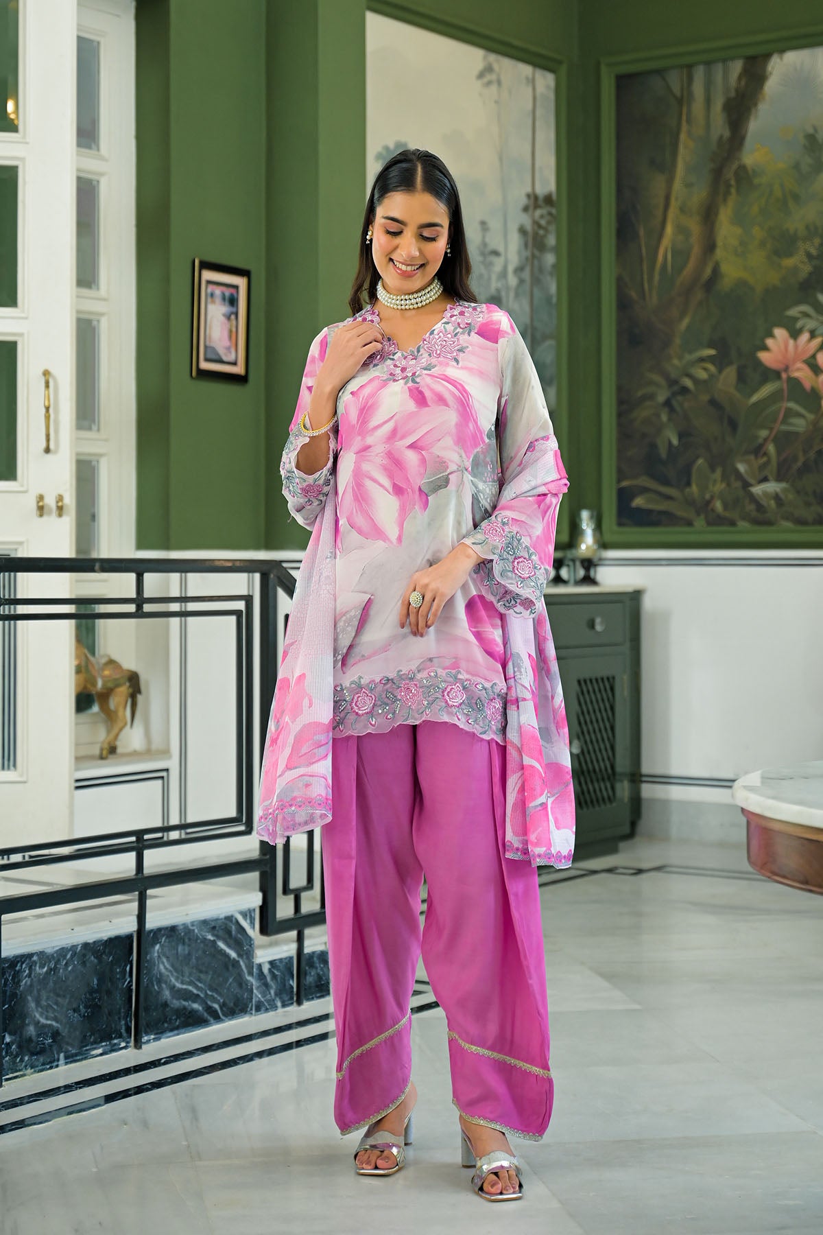 Pink Chinon Embroidered Farsi Salwar Set