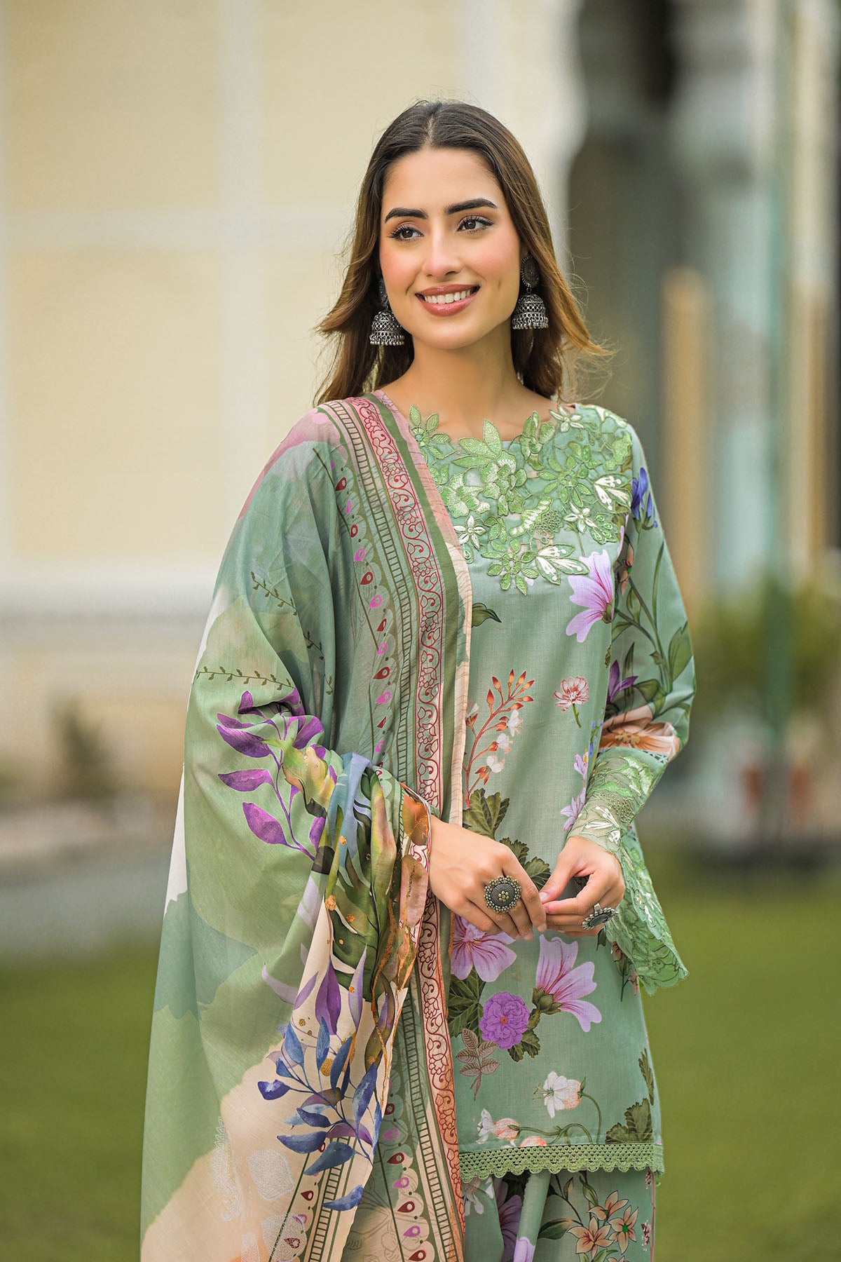 Green Solid Cotton Embroidered Farsi Salwar Set