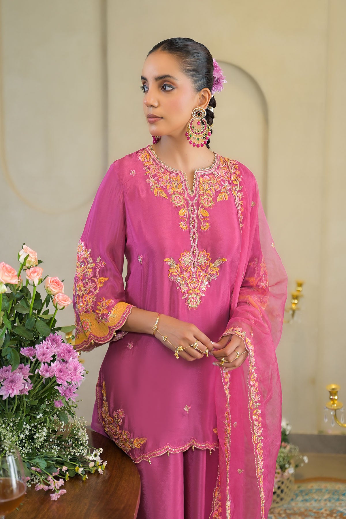 Pink Chinon Embroidered Suit Set