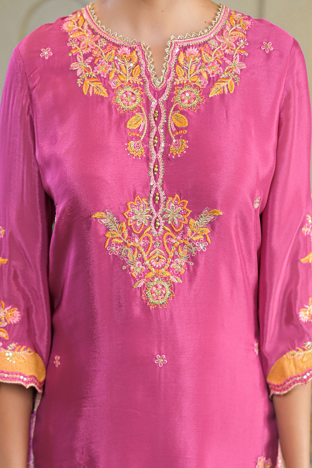 Pink Chinon Embroidered Suit Set