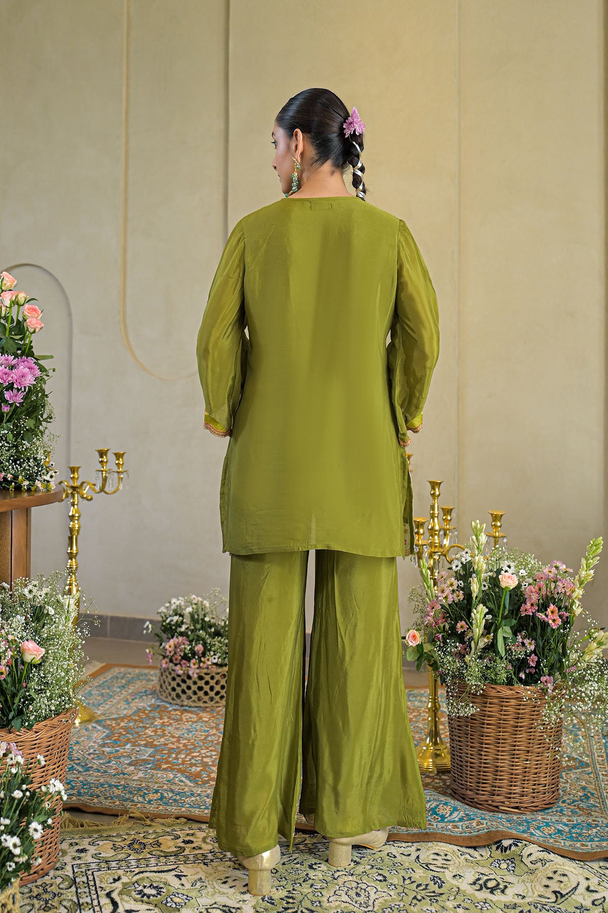 Green Chinon Embroidered Suit Set