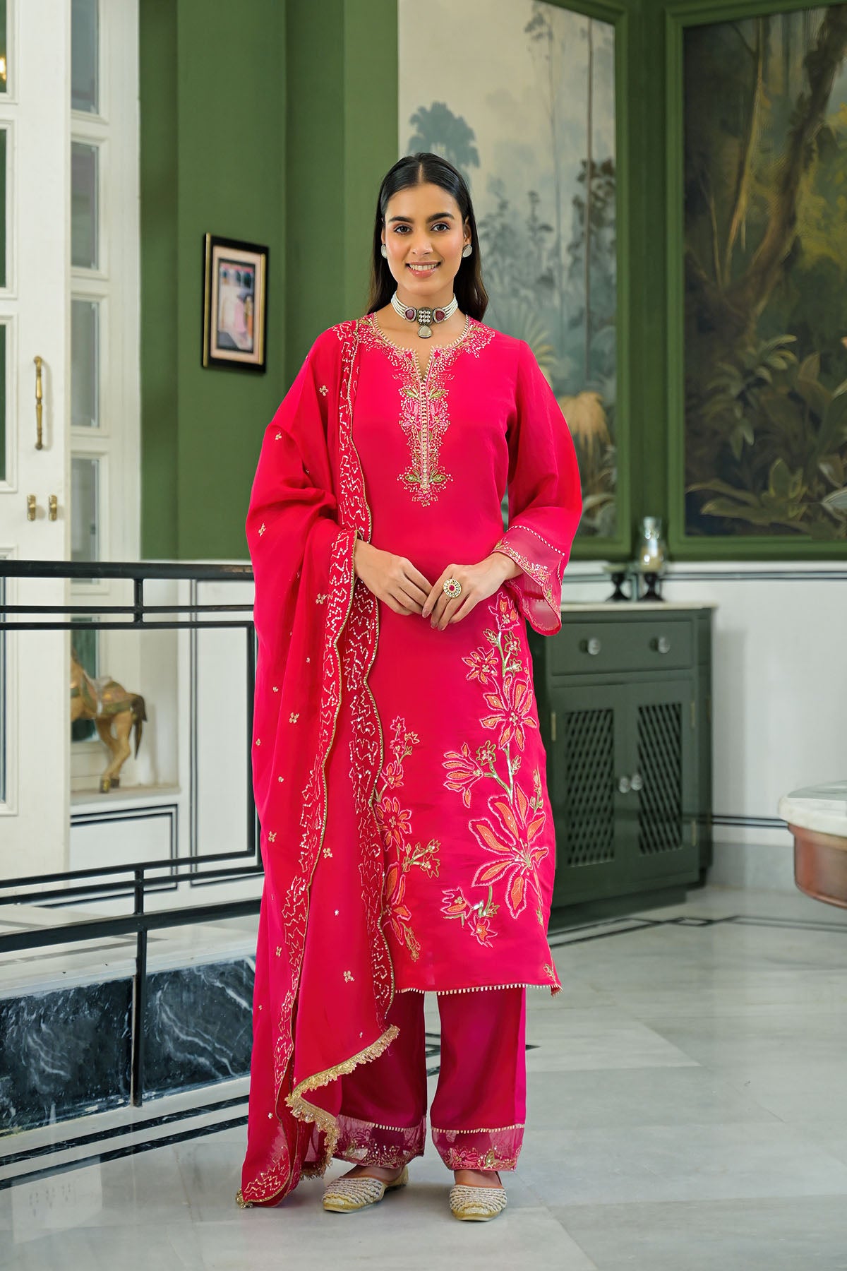 Pink Chanderi Embroidered Pakistani Suit