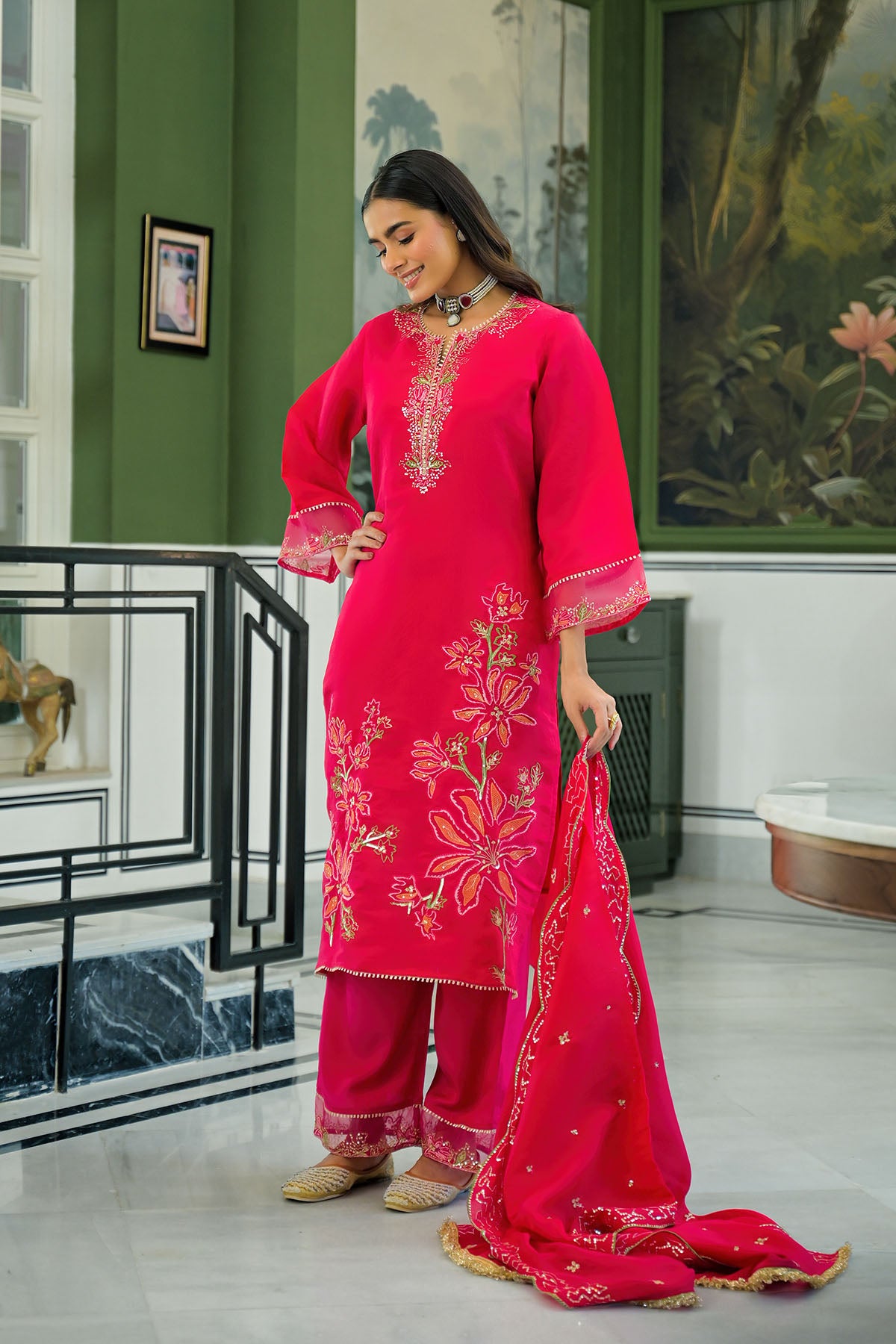 Pink Chanderi Embroidered Pakistani Suit