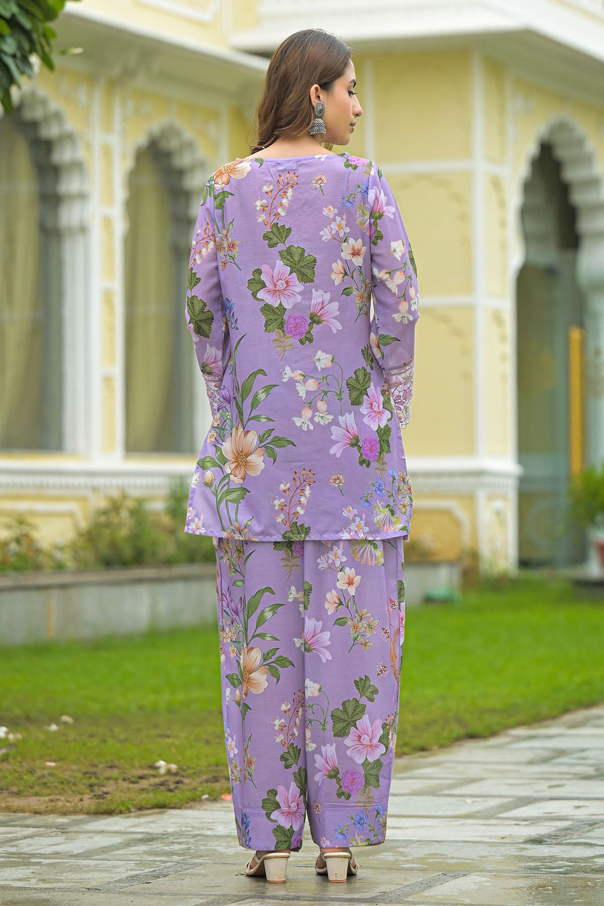 Lavender Solid Cotton Embroidered Farsi Salwar Set