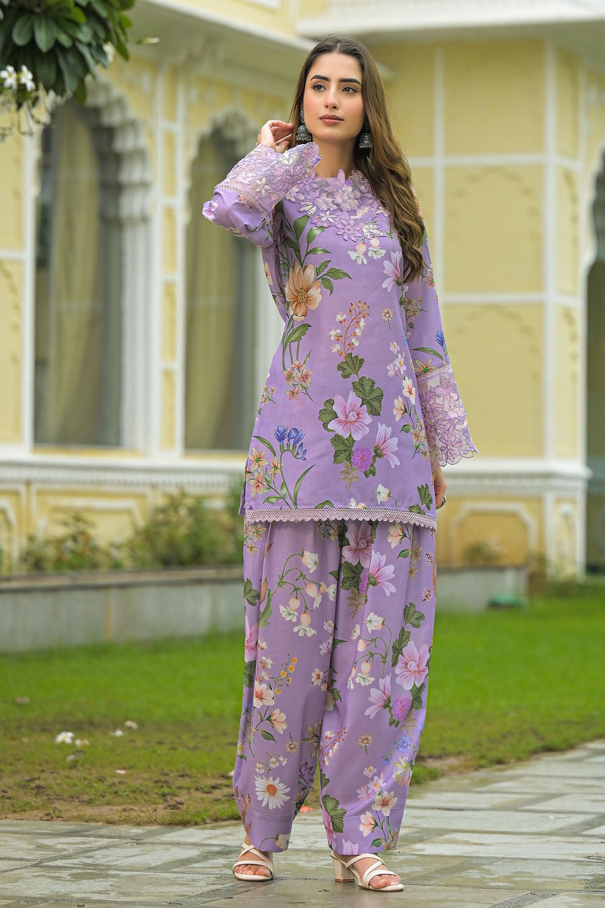 Lavender Solid Cotton Embroidered Farsi Salwar Set