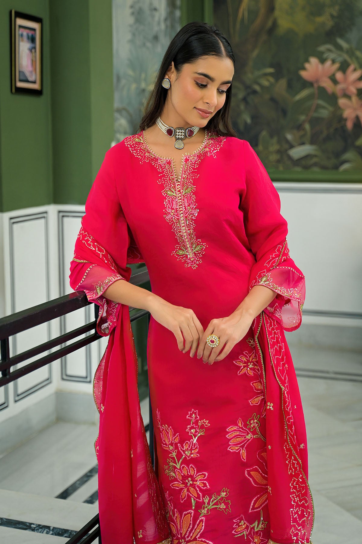 Pink Chanderi Embroidered Pakistani Suit
