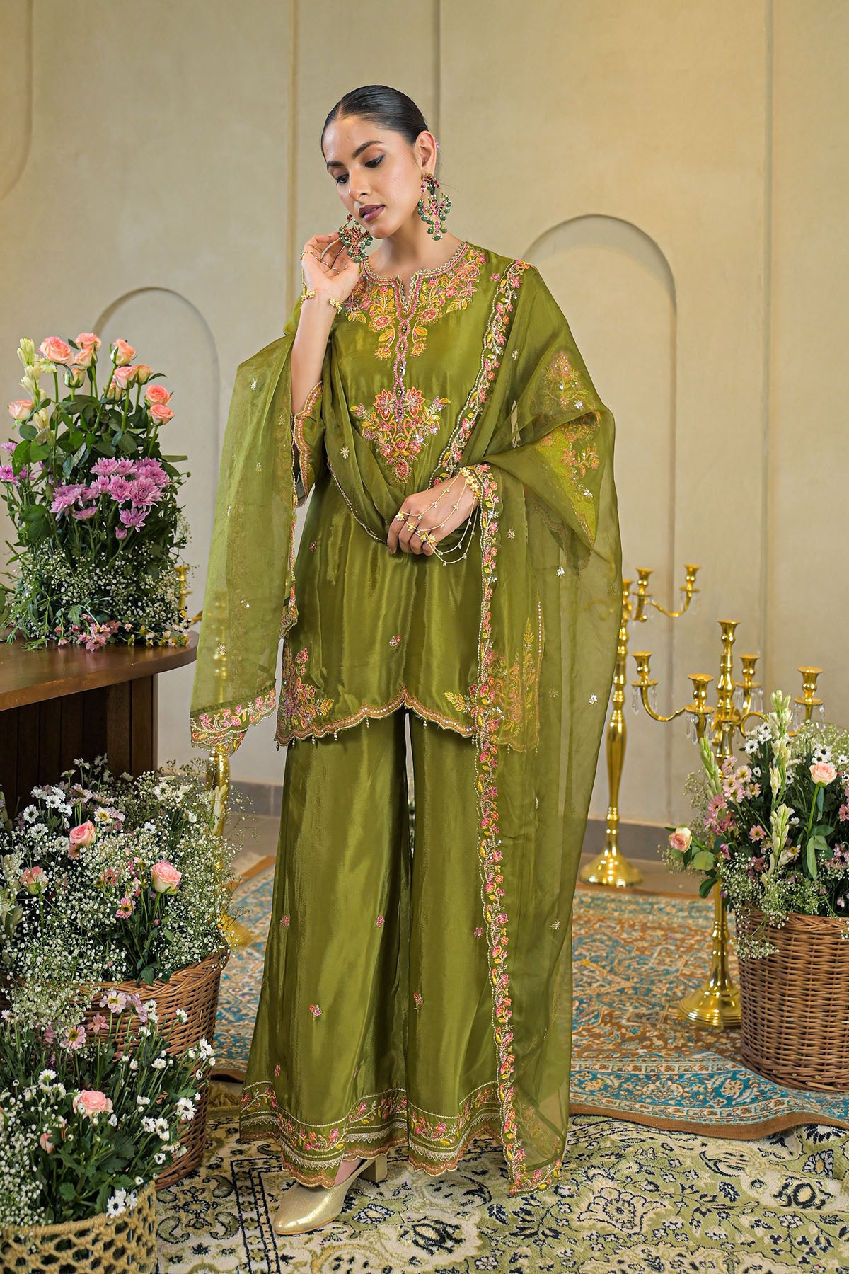 Green Chinon Embroidered Suit Set
