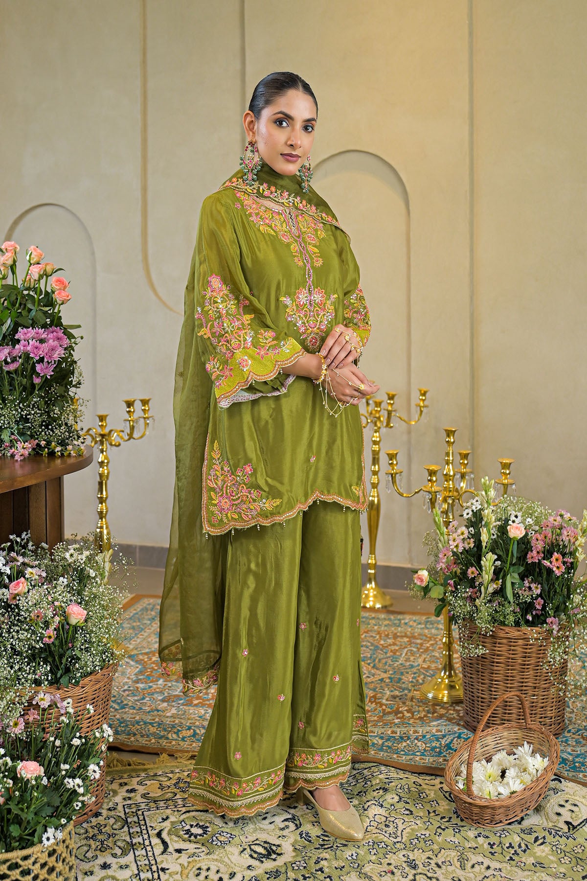 Green Chinon Embroidered Suit Set