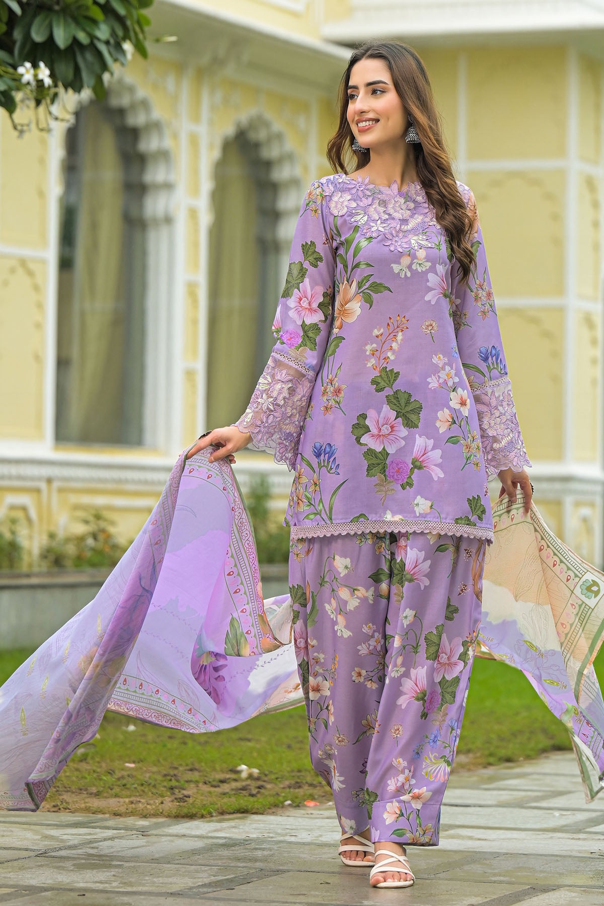 Lavender Solid Cotton Embroidered Farsi Salwar Set