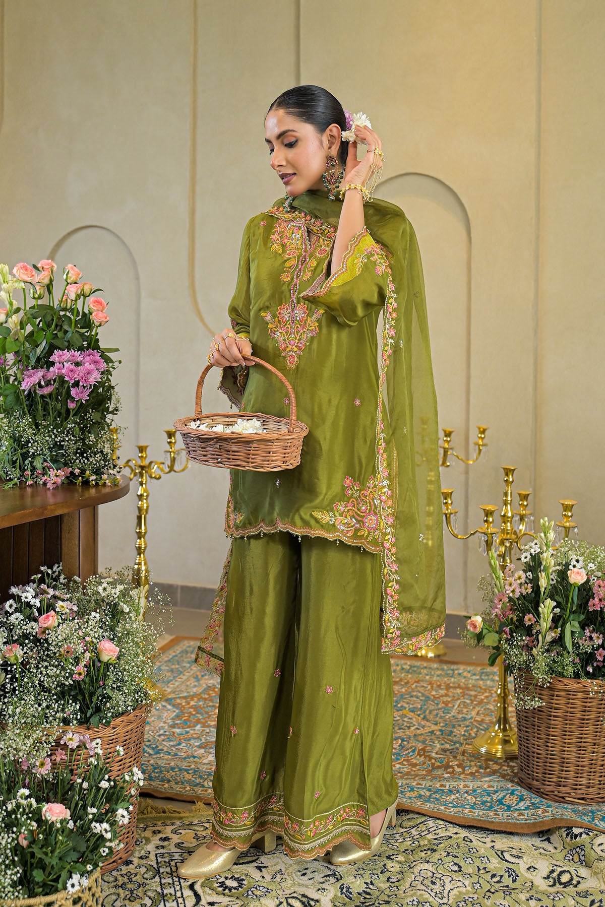 Green Chinon Embroidered Suit Set