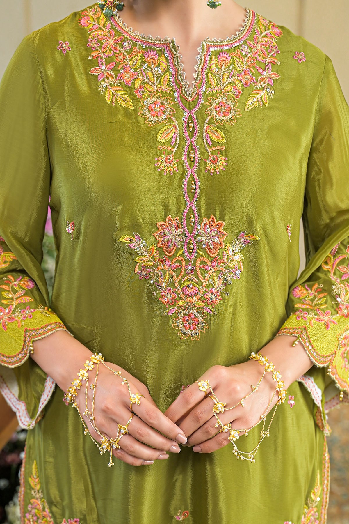 Green Chinon Embroidered Suit Set