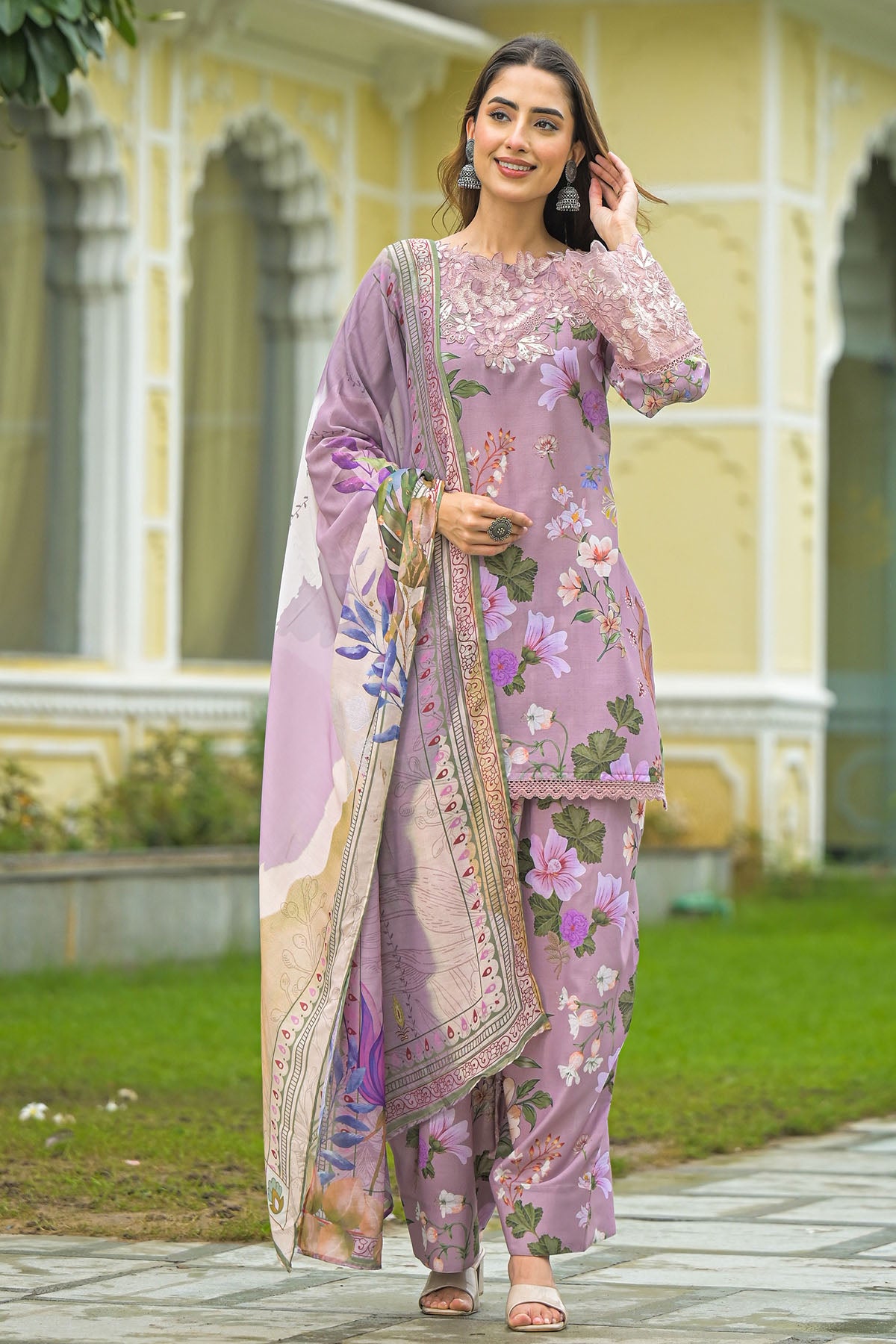 Onion Solid Cotton Embroidered Farsi Salwar Set