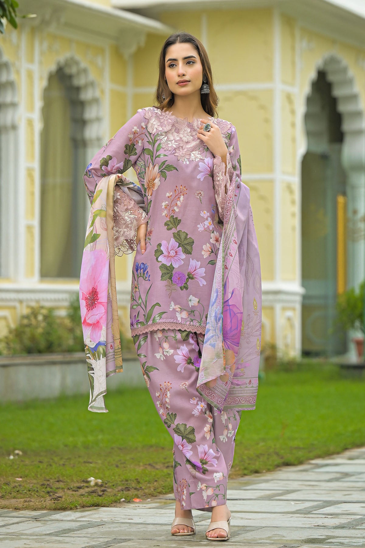 Onion Solid Cotton Embroidered Farsi Salwar Set