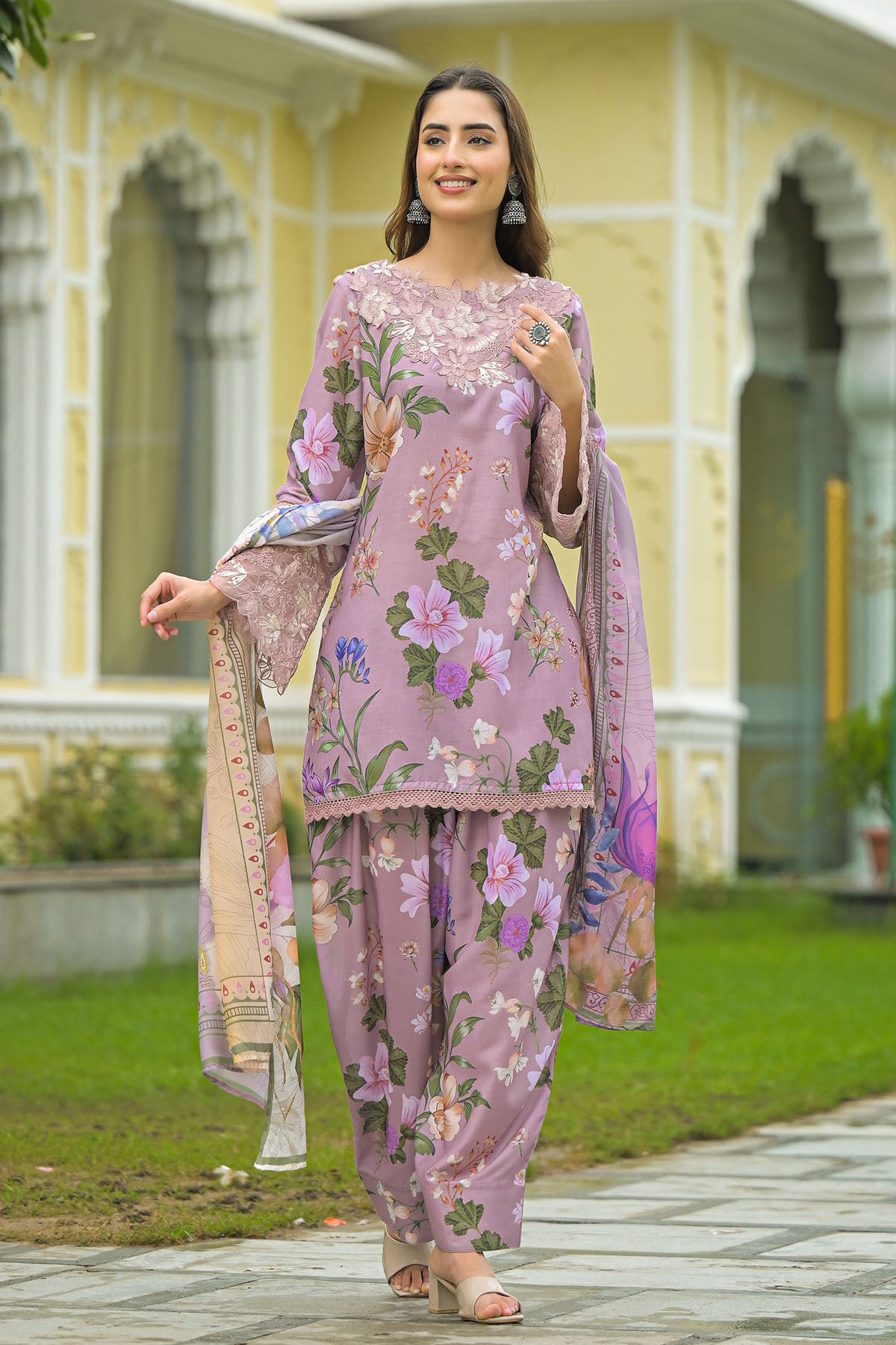 Onion Solid Cotton Embroidered Farsi Salwar Set