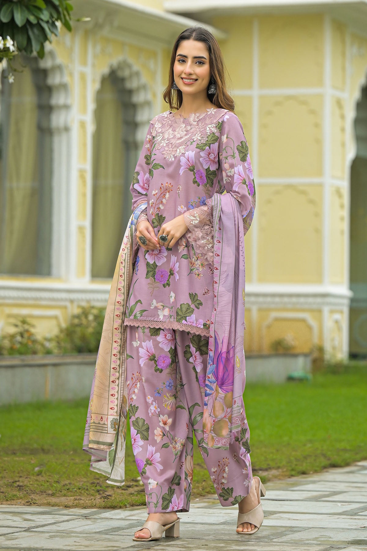 Onion Solid Cotton Embroidered Farsi Salwar Set