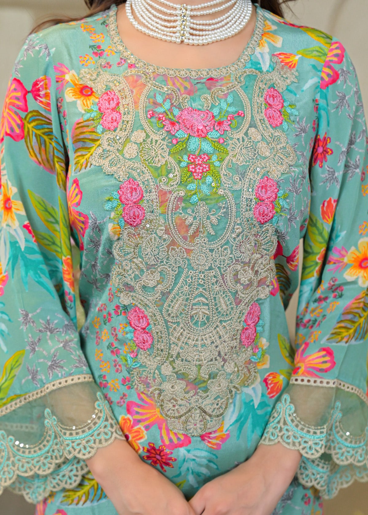 Sky Crepe Silk Embroidered Straight Cut Suit Set| Bairaas