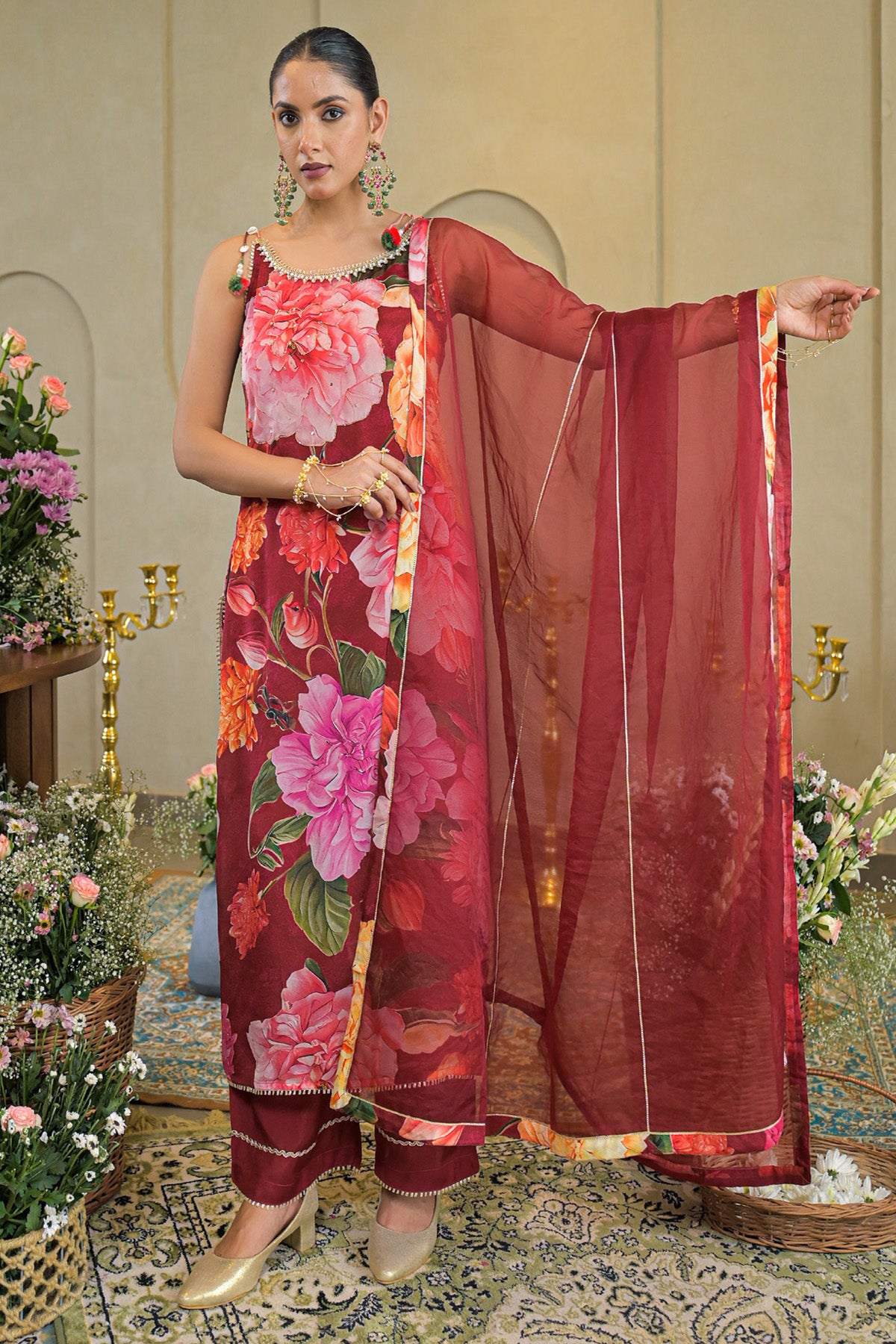 Red Chinon Handwork Suit Set