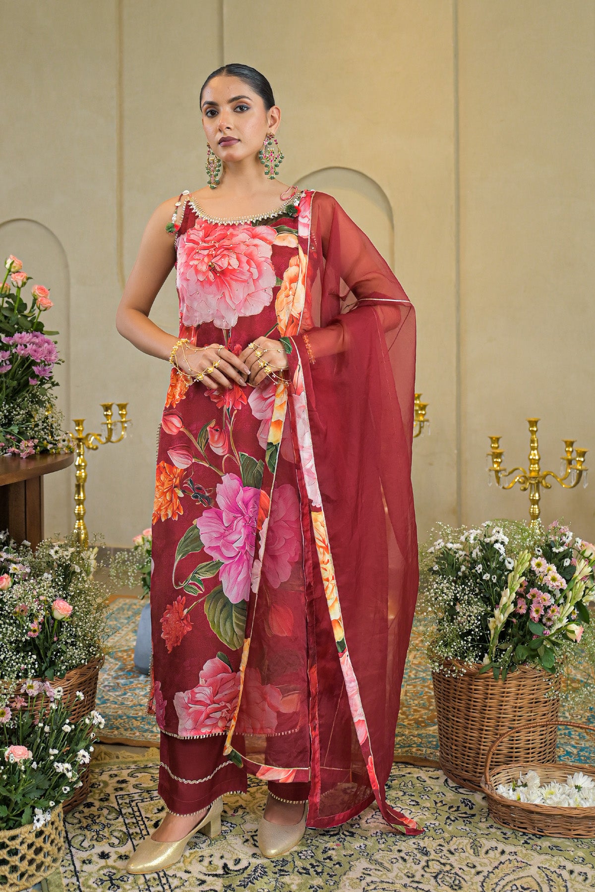 Red Chinon Gotapatti Straight Cut Suit Set with | Bairaas