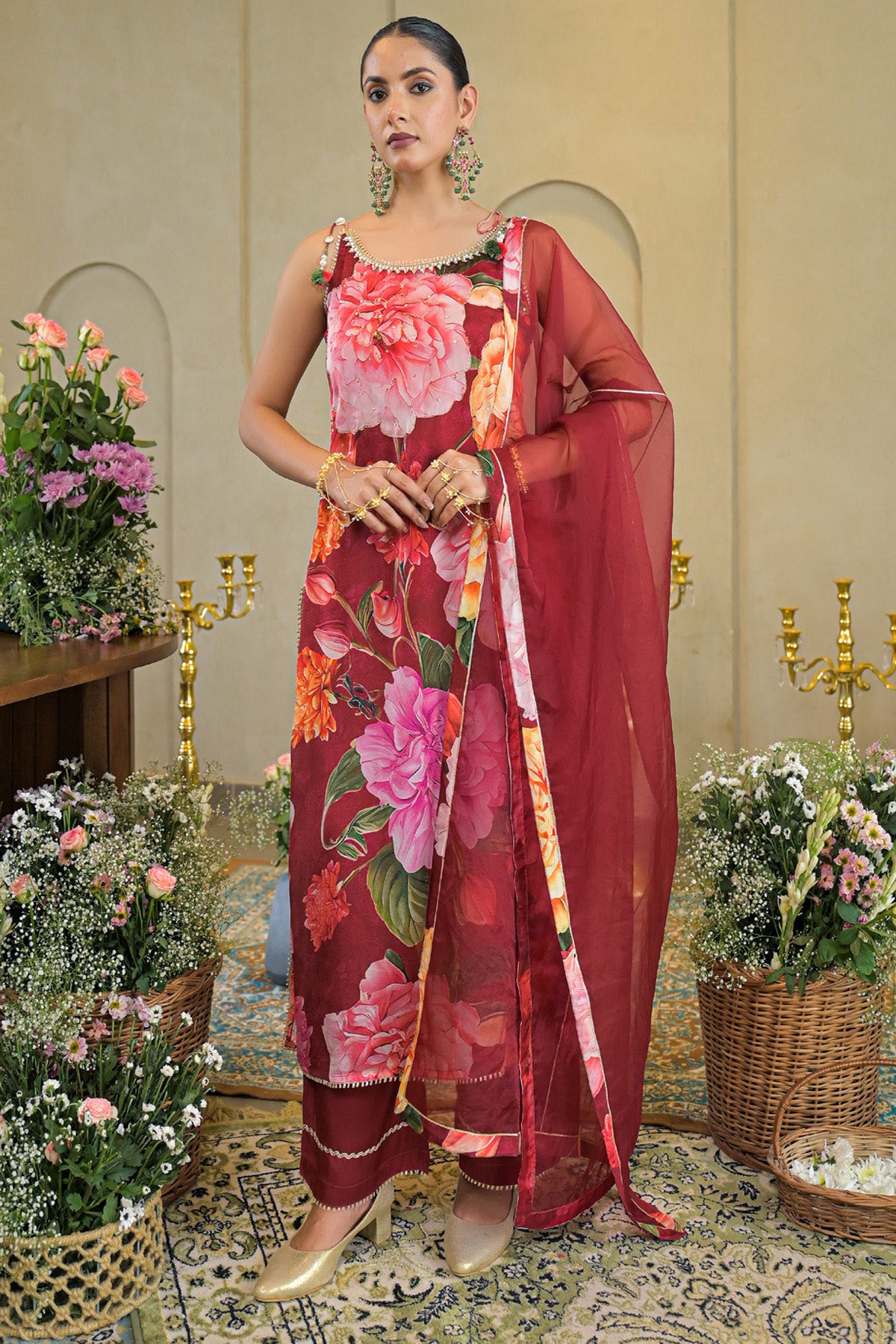 Red Chinon Handwork Suit Set