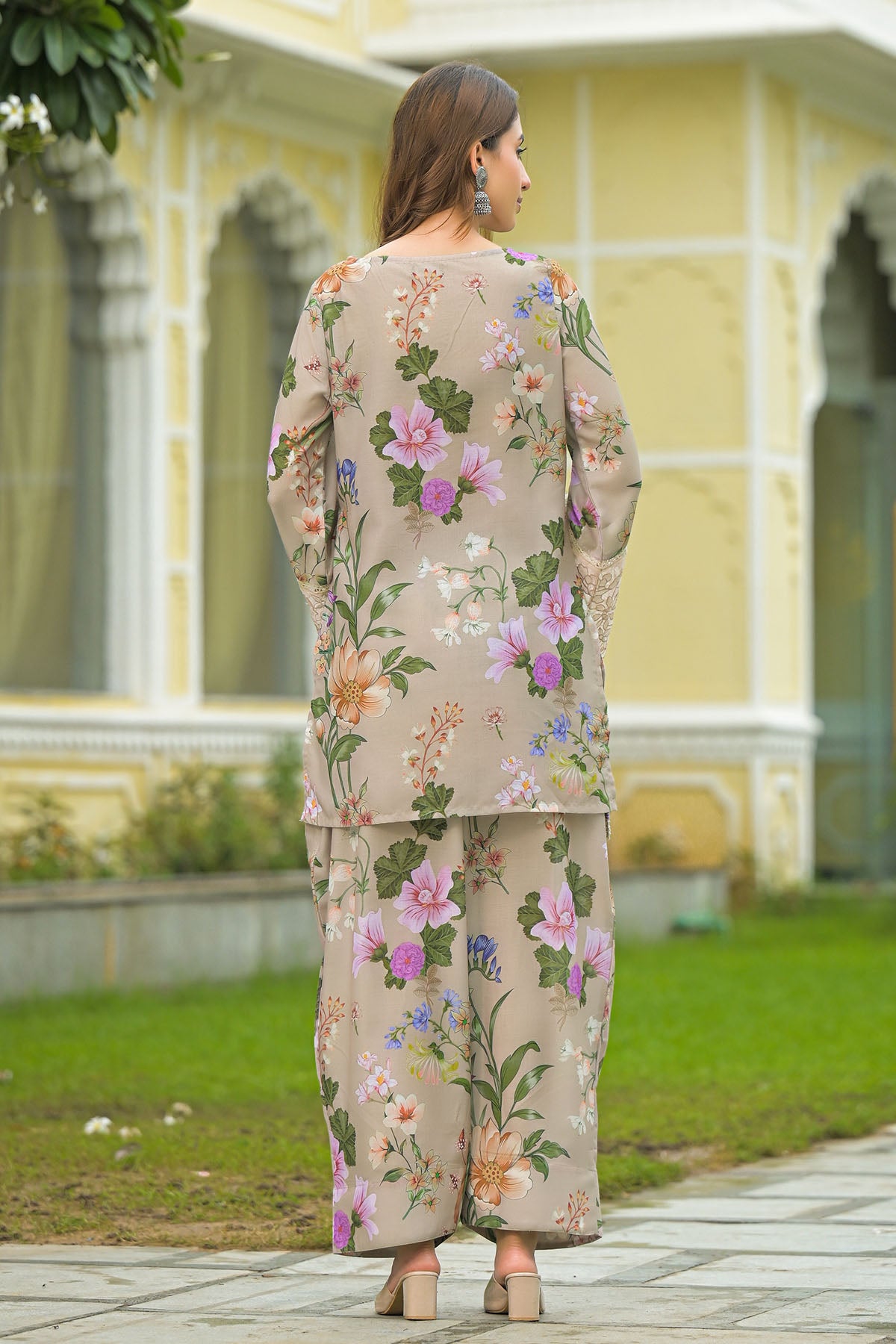 Beige Solid Cotton Embroidered Farsi Salwar Set