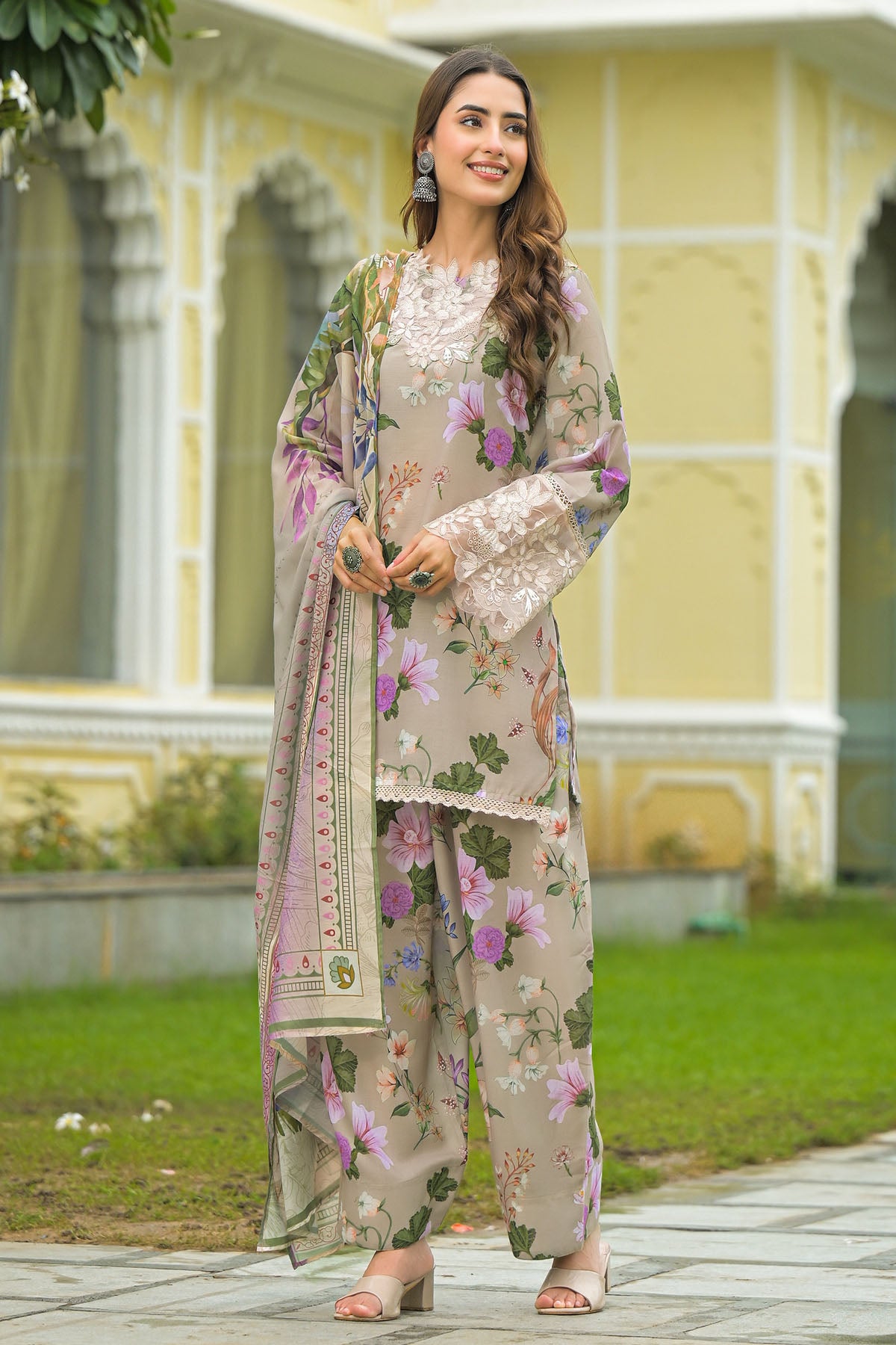 Beige Solid Cotton Embroidered Farsi Salwar Set