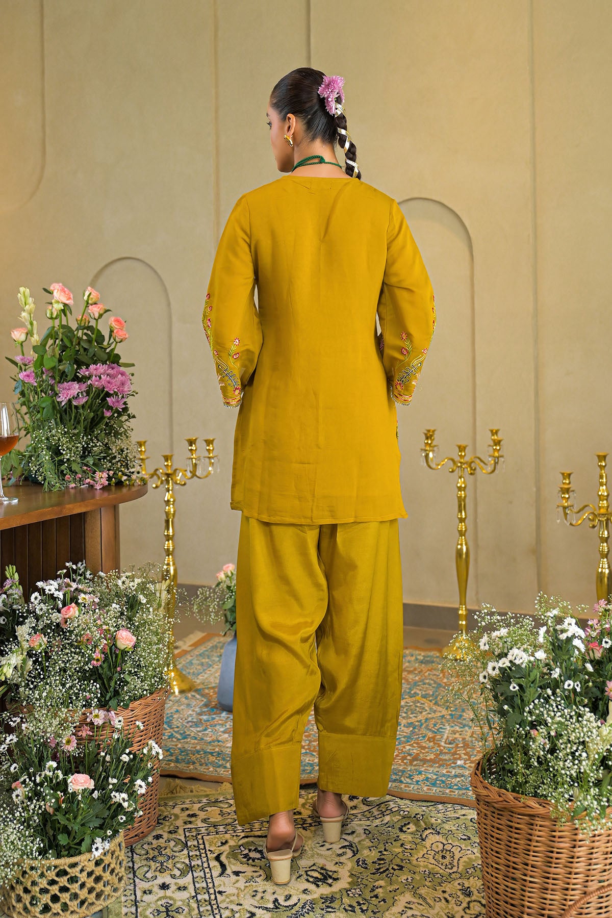 Mustard Solid Chanderi Embroidered Farsi Salwar Set