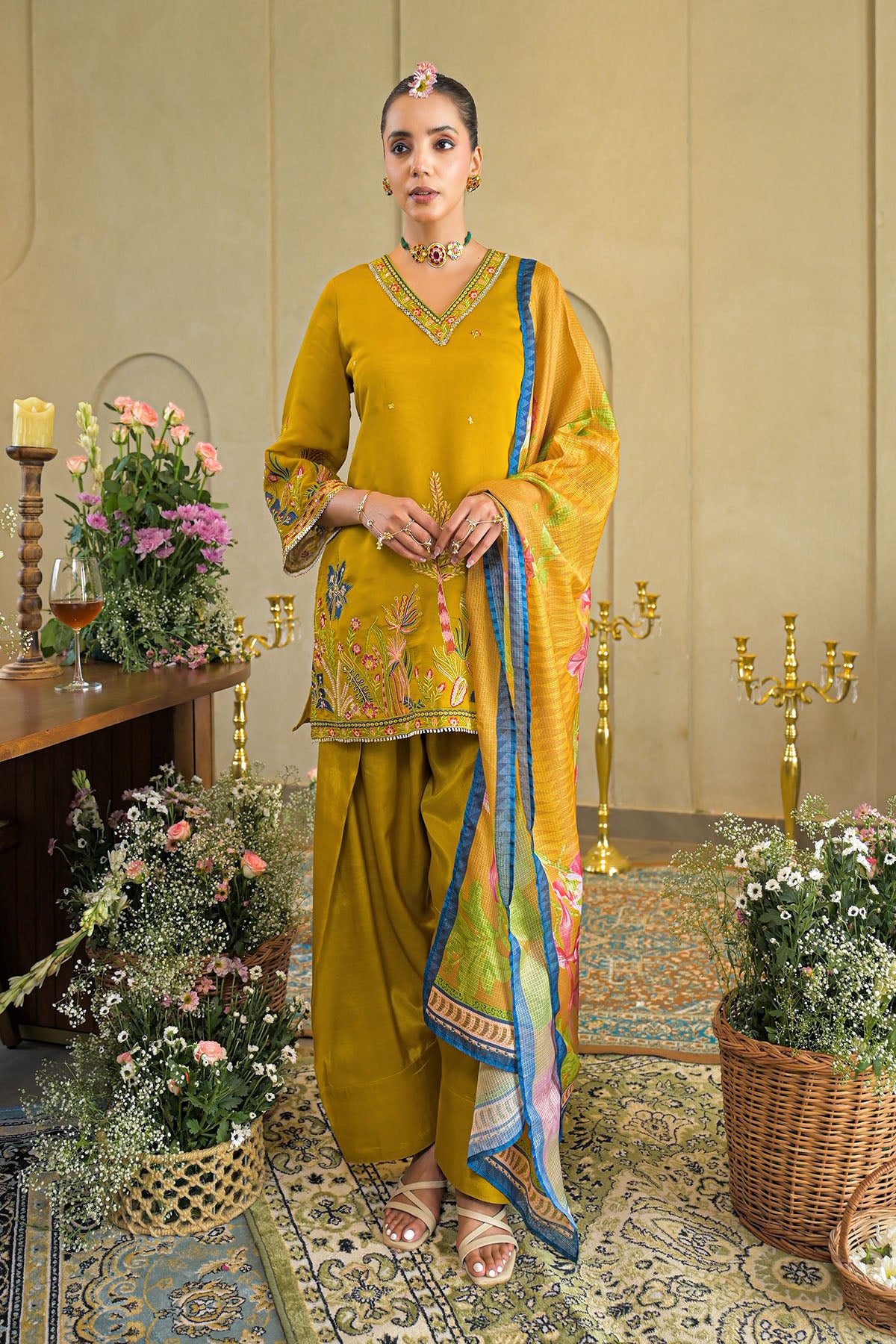Mustard Solid Chanderi Embroidered Farsi Salwar Set