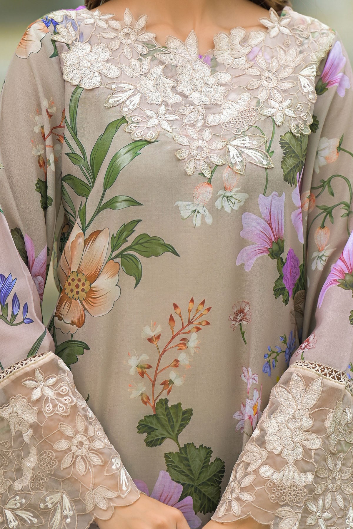 Beige Solid Cotton Embroidered Farsi Salwar Set