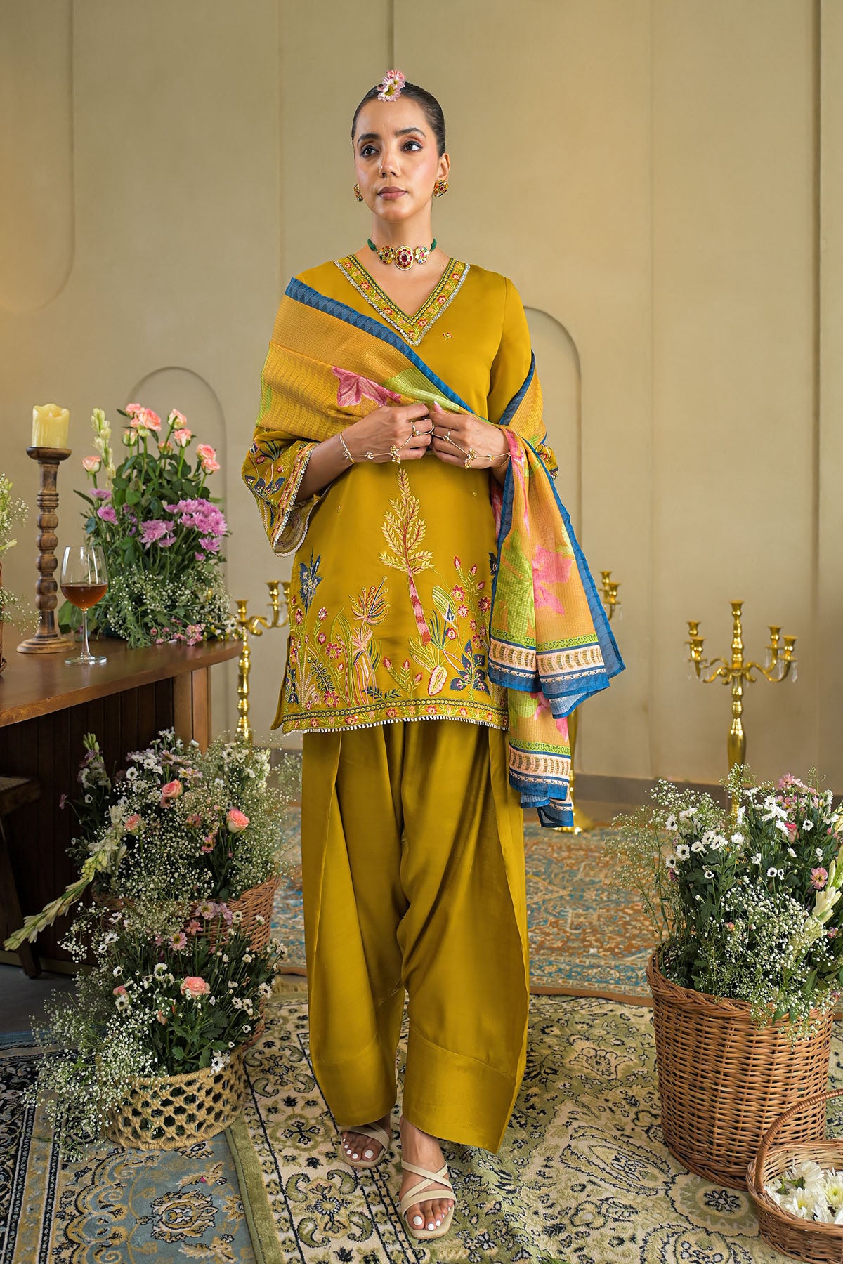 Mustard Solid Chanderi Embroidered Farsi Salwar Set
