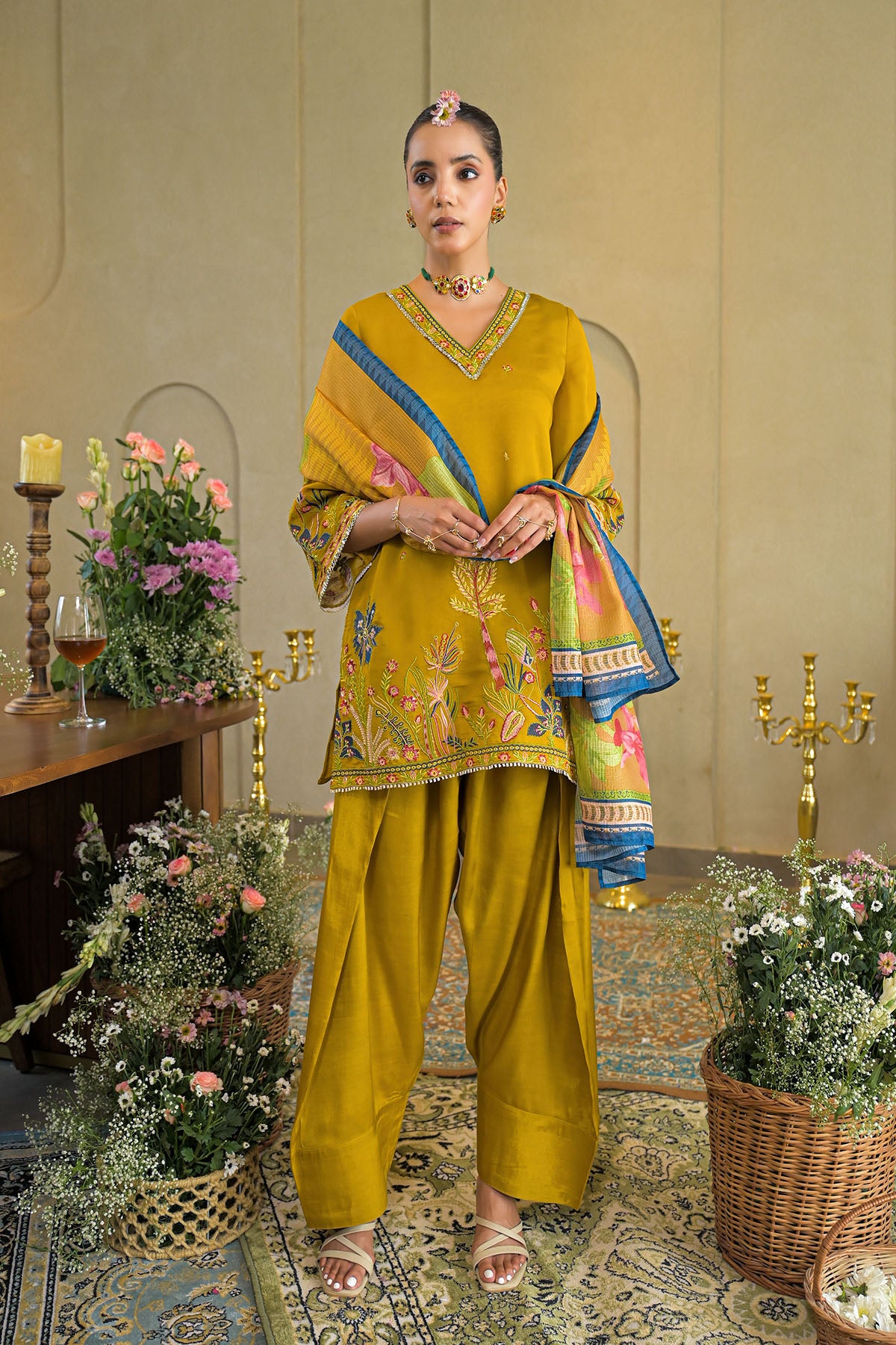 Mustard Solid Chanderi Embroidered Farsi Salwar Set