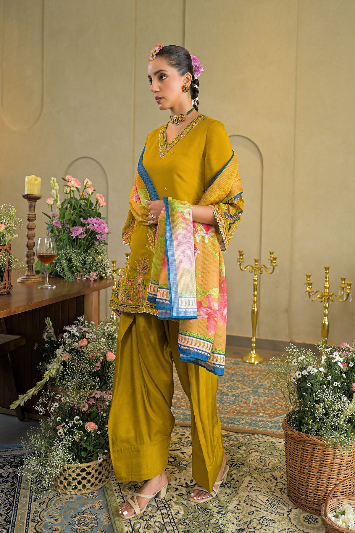 Mustard Solid Chanderi Embroidered Farsi Salwar Set