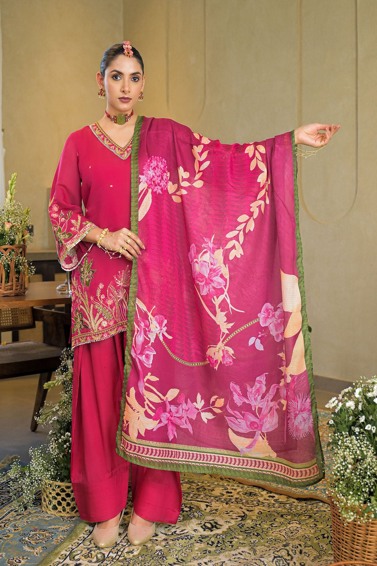 Pink Solid Chanderi Embroidered Farsi Salwar Set