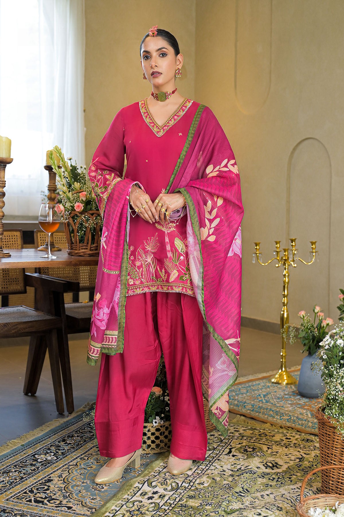 Pink Solid Chanderi Embroidered Farsi Salwar Set