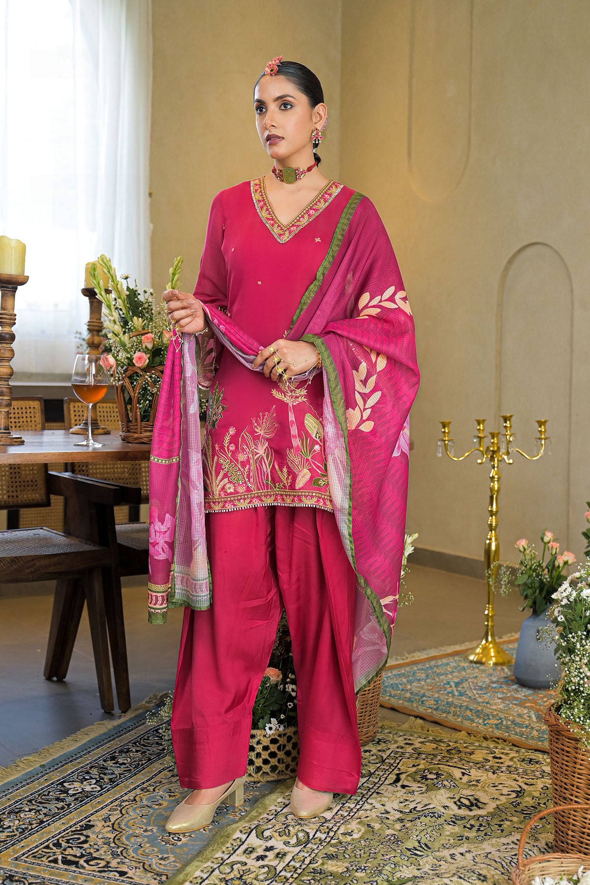 Pink Solid Chanderi Embroidered Farsi Salwar Set