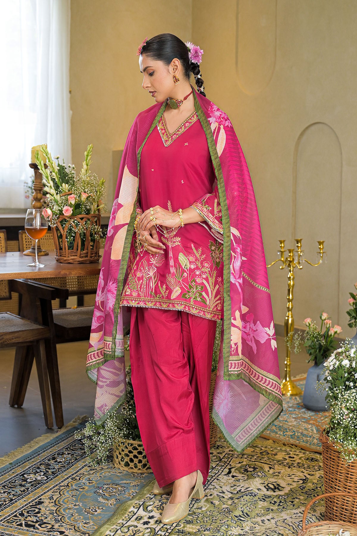 Pink Solid Chanderi Embroidered Farsi Salwar Set
