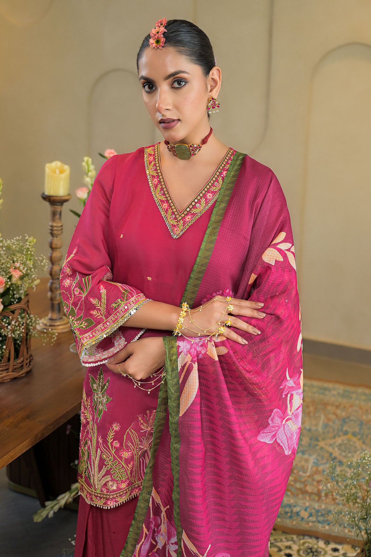 Pink Solid Chanderi Embroidered Farsi Salwar Set