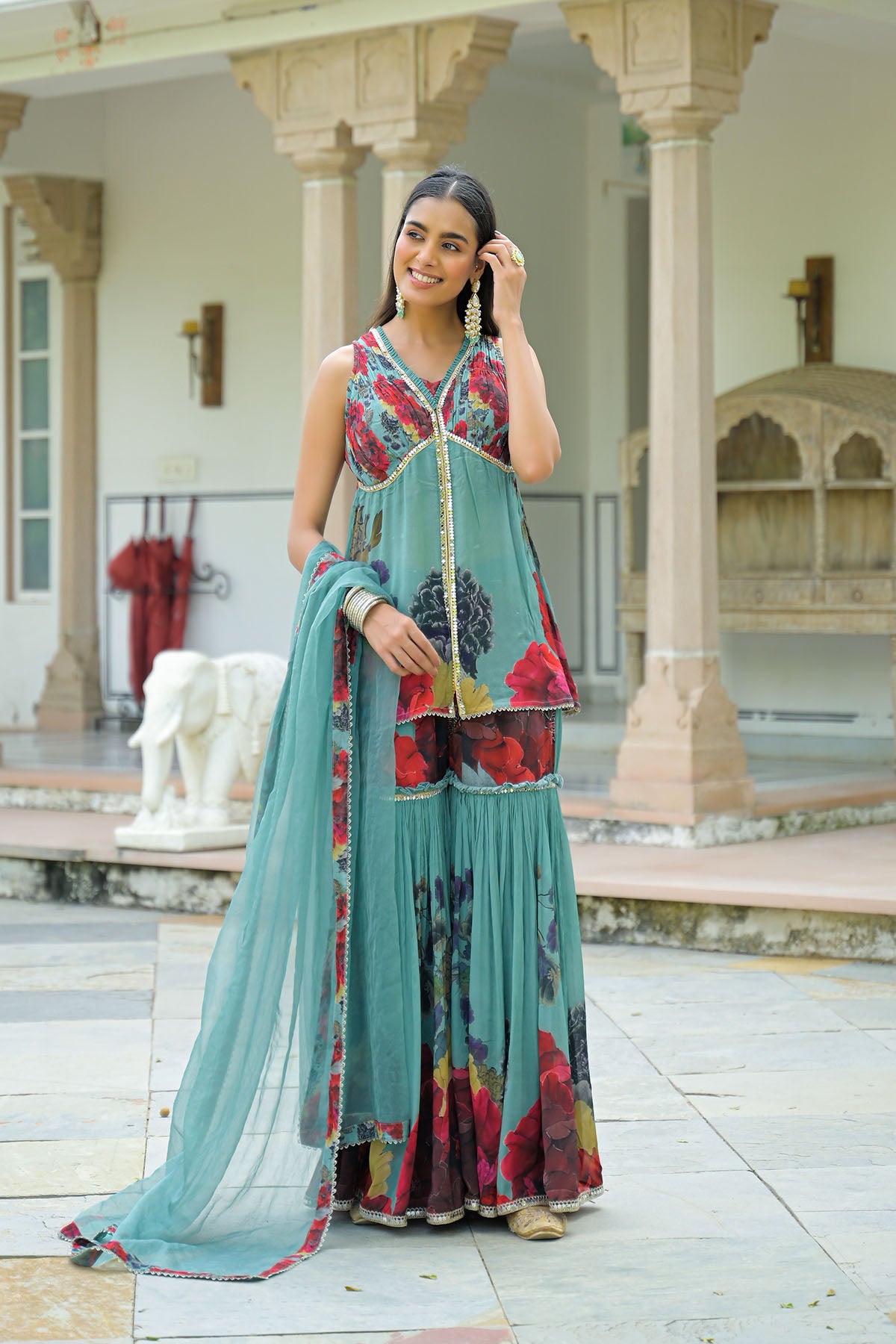 Green Printed Chinon Sharara Set